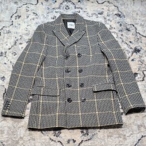Zara Plaid Houndstooth Double Breasted Blazer Jacket Women’s Small Black Gray
